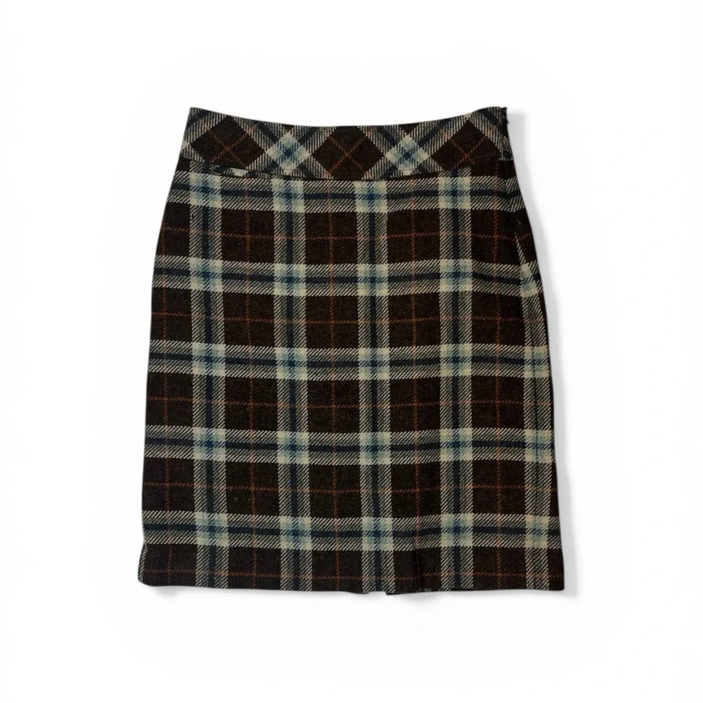 L.L.Bean Wool Blend Plaid Pencil Skirt Size 4 Favorite Fit Brown Blue Preppy